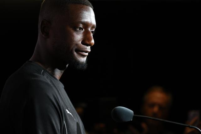 Borussia Dortmund's Guinean forward #09 Serhou Guirassy looks on during a press conference at the Mercedes-Benz Stadium in Atlanta on June 30, 2025, ahead of the FIFA Club World Cup 2025 last 16 football match between Germany's Borussia Dortmund and Mexico's Monterrey. (Photo by FRANCK FIFE / AFP)