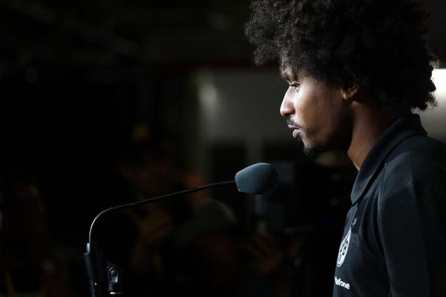 Borussia Dortmund's German forward #27 Karim Adeyemi speaks during a press conference at the Mercedes-Benz Stadium in Atlanta on June 30, 2025, ahead of the FIFA Club World Cup 2025 last 16 football match between Germany's Borussia Dortmund and Mexico's Monterrey. (Photo by FRANCK FIFE / AFP)