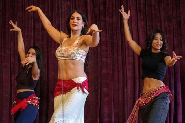 Egyptian belly-dancers Amie Sultan (C), Safaa Said (L), and Menna Emmam (C), full-time instructors at the Taksim Belly-dance Institute, take part in a rehearsal in Cairo on April 12, 2025. As belly dancing gains popularity internationally, young Egyptian performers are working to restore its reputation at home, pushing back against decades of stigma to reclaim the dance as part of their artistic heritage. Once iconic figures of Egypt's cinematic golden age, belly dancers have watched their prestige wane, their art increasingly confined to nightclubs and wedding halls. (Photo by Khaled DESOUKI / AFP)