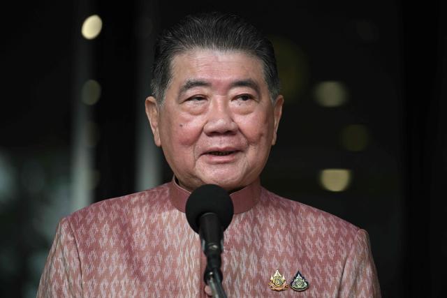 Thailand's Deputy Prime Minister Phumtham Wechayachai speaks to media before a cabinet meeting at Government House in Bangkok on July 1, 2025. (Photo by Lillian SUWANRUMPHA / AFP)