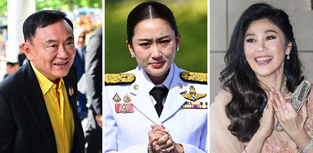 (COMBO) This combination picture created on June 19, 2025 shows Thailand's former prime minister Thaksin Shinawatra arriving at the Criminal Court in Bangkok on August 19, 2024 (L), Thailand's Prime Minister Paetongtarn Shinawatra leaving after a group photo at Government House in Bangkok on September 7, 2024 (C) and former Thai prime minister Yingluck Shinawatra arriving for the wedding of her niece Paetongtarn in Hong Kong on March 22, 2019 (R). The Shinawatra dynasty has dominated Thai politics for 25 years -- interrupted by coups and court cases -- and the billionaire family is being barraged anew by judicial moves threatening their hold on power. (Photo by Isaac LAWRENCE and Manan VATSYAYANA / AFP)
