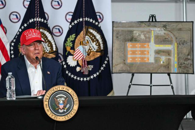 US President President Donald Trump speaks after touring a migrant detention center, dubbed "Alligator Alcatraz," located at the site of the Dade-Collier Training and Transition Airport in Ochopee, Florida on July 1, 2025. President Trump is visiting a migrant detention center in a reptile-infested Florida swamp dubbed "Alligator Alcatraz." Trump is attending the opening of the 5,000-bed facility -- located at an abandoned airfield in the Everglades wetlands -- part of his expansion of deportations of undocumented migrants, his spokeswoman said. (Photo by ANDREW CABALLERO-REYNOLDS / AFP)