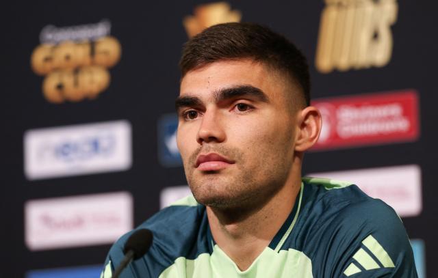 Mexico's defender Johan Vasquez listens during a press conference ahead of the CONCACAF Gold Cup semifinal soccer match between Mexico and Honduras at Levi’s Stadium in Santa Clara, California on July 1, 2025. (Photo by Patrick T. Fallon / AFP)