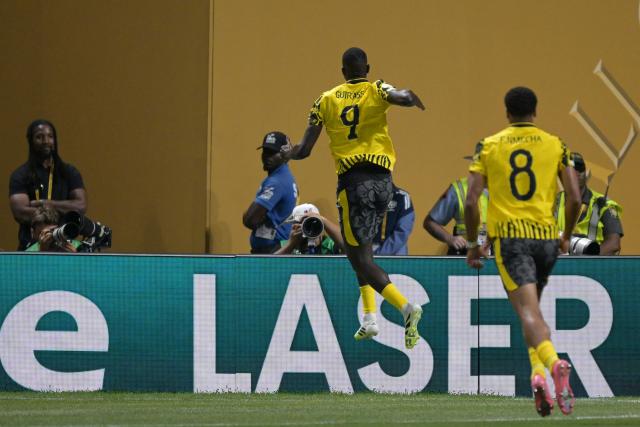 Borussia Dortmund's Guinean forward #09 Serhou Guirassy (L) celebrates after scoring his team's first goal during the FIFA Club World Cup 2025 round of 16 football match between Germany's Borussia Dortmund and Mexico's Monterrey at the Mercedes-Benz Stadium in Atlanta on July 1, 2025. (Photo by Juan MABROMATA / AFP)