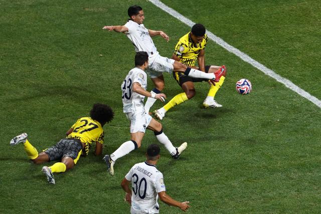 Monterrey's Mexican midfielder #14 Erick Aguirre (C) kicks the ball during the FIFA Club World Cup 2025 round of 16 football match between Germany's Borussia Dortmund and Mexico's Monterrey at the Mercedes-Benz Stadium in Atlanta on July 1, 2025. (Photo by Franck FIFE / AFP)