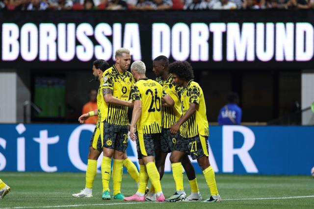 Borussia Dortmund's Guinean forward #09 Serhou Guirassy (2nd-R) celebrates scoring his team's second goal with teammates during the FIFA Club World Cup 2025 round of 16 football match between Germany's Borussia Dortmund and Mexico's Monterrey at the Mercedes-Benz Stadium in Atlanta on July 1, 2025. (Photo by CHARLY TRIBALLEAU / AFP)