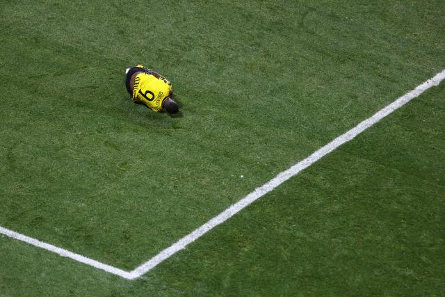 Borussia Dortmund's Guinean forward #09 Serhou Guirassy reacts on the ground during the FIFA Club World Cup 2025 round of 16 football match between Germany's Borussia Dortmund and Mexico's Monterrey at the Mercedes-Benz Stadium in Atlanta on July 1, 2025. (Photo by Franck FIFE / AFP)