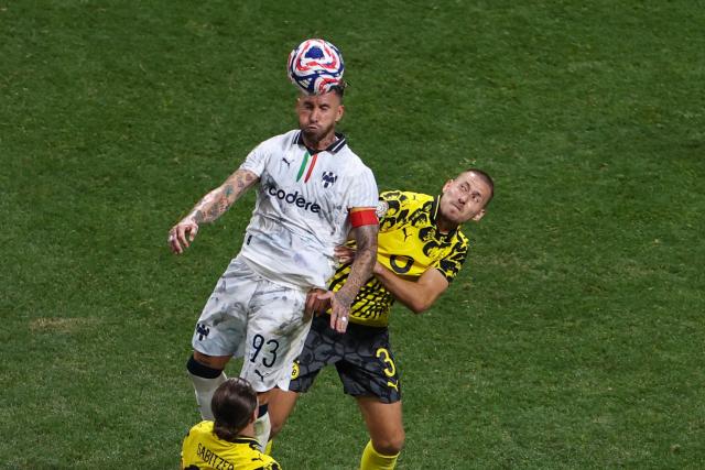 Monterrey's Spanish defender #93 Sergio Ramos and Borussia Dortmund's German defender #03 Waldemar Anton fight for the ball during the FIFA Club World Cup 2025 round of 16 football match between Germany's Borussia Dortmund and Mexico's Monterrey at the Mercedes-Benz Stadium in Atlanta on July 1, 2025. (Photo by FRANCK FIFE / AFP)