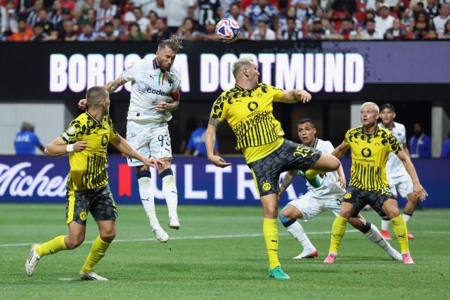 Monterrey's Spanish defender #93 Sergio Ramos heads the ball during the FIFA Club World Cup 2025 round of 16 football match between Germany's Borussia Dortmund and Mexico's Monterrey at the Mercedes-Benz Stadium in Atlanta on July 1, 2025. (Photo by Charly TRIBALLEAU / AFP)