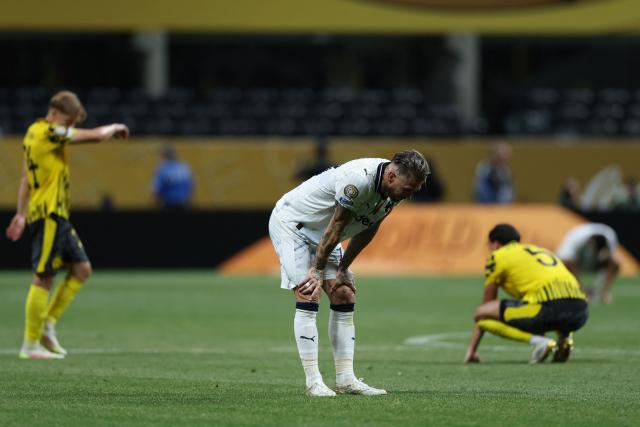 Monterrey's Spanish defender #93 Sergio Ramos reacts at the end of the FIFA Club World Cup 2025 round of 16 football match between Germany's Borussia Dortmund and Mexico's Monterrey at the Mercedes-Benz Stadium in Atlanta on July 1, 2025. (Photo by Charly TRIBALLEAU / AFP)