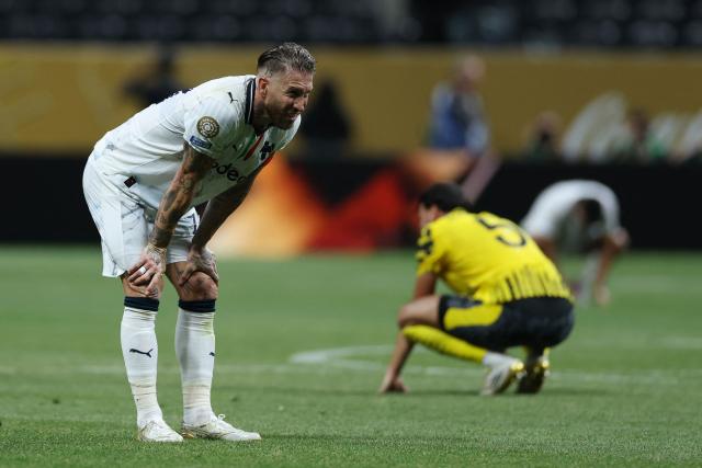 Monterrey's Spanish defender #93 Sergio Ramos reacts at the end of the FIFA Club World Cup 2025 round of 16 football match between Germany's Borussia Dortmund and Mexico's Monterrey at the Mercedes-Benz Stadium in Atlanta on July 1, 2025. (Photo by Charly TRIBALLEAU / AFP)