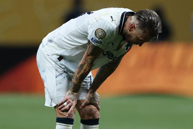 Monterrey's Spanish defender #93 Sergio Ramos reacts at the end of the FIFA Club World Cup 2025 round of 16 football match between Germany's Borussia Dortmund and Mexico's Monterrey at the Mercedes-Benz Stadium in Atlanta on July 1, 2025. (Photo by Charly TRIBALLEAU / AFP)