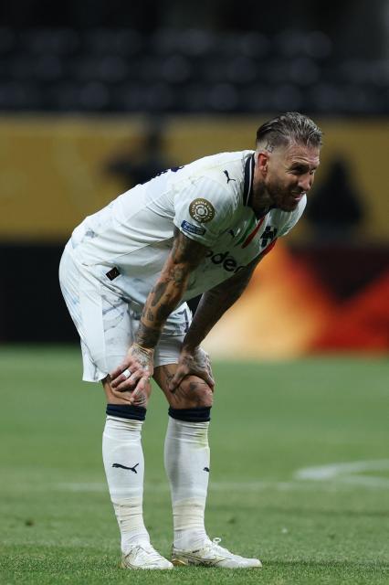Monterrey's Spanish defender #93 Sergio Ramos reacts at the end of the FIFA Club World Cup 2025 round of 16 football match between Germany's Borussia Dortmund and Mexico's Monterrey at the Mercedes-Benz Stadium in Atlanta on July 1, 2025. (Photo by Charly TRIBALLEAU / AFP)