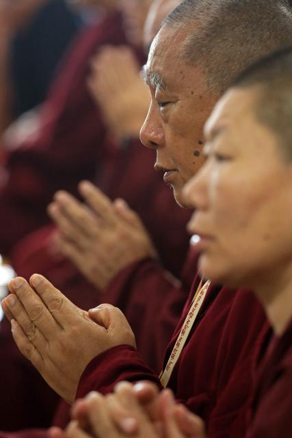 Tibetan monks and nuns attend the 15th Tibetan Religious Conference, a meeting of religious leaders in McLeod Ganj, near Dharamsala on July 2, 2025. Exiled Tibetan spiritual leader the Dalai Lama said on July 2, that the 600-year-old institution will continue after his death, a decision that will have profound impact on his Buddhist followers. (Photo by Sanjay BAID / AFP)