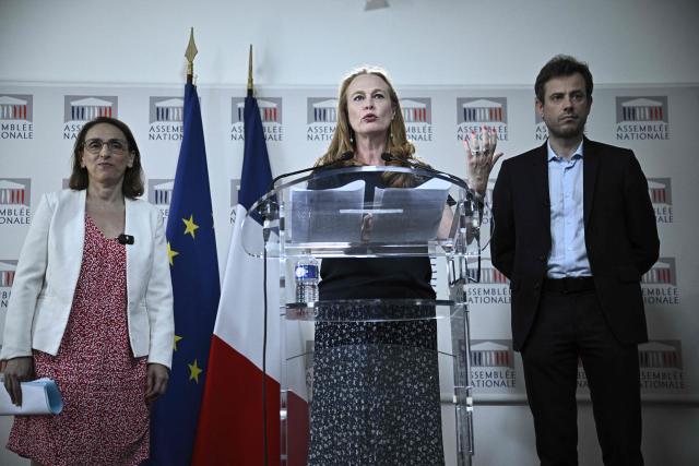 Commission's rapporteurs Paul Vannier (R) and Violette Spillebout (C) and president Fatiha Keloua Hachi (L) give a press conference to present the report of the parliamentary commission on violence in schools at the National Assembly in Paris, on  July 2, 2025. The commission of inquiry was born out of the scandal surrounding the revelations of decades of sexual and physical abuse at the Notre-Dame de Betharram school. (Photo by JULIEN DE ROSA / AFP)