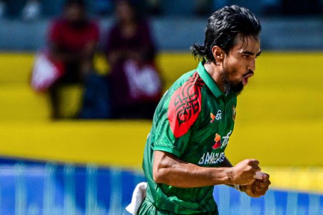 Bangladesh's Tanzim Hasan Sakib celebrates after taking the wicket of Sri Lanka's Pathum Nissanka during the first one-day international (ODI) cricket match between Sri Lanka and Bangladesh at the R. Premadasa International Cricket Stadium in Colombo on July 2, 2025. (Photo by Ishara S. KODIKARA / AFP)
