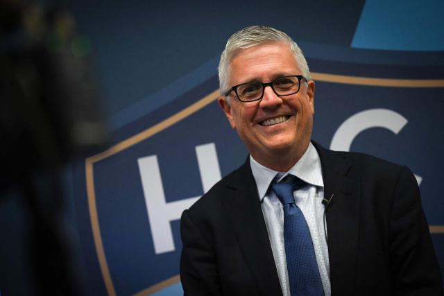US co-founder of Blue Crow Sports Group, Jeff Luhnow poses after giving a media press conference, at the Oceane Stadium, in Le Havre, northwestern France, on July 2, 2025. On June 27, 2025, Vincent Volpe sold HAC to Blue Crow Sports Group. The American group, which already owns several clubs, thus becomes the new owner of the oldest French club. (Photo by Lou BENOIST / AFP)