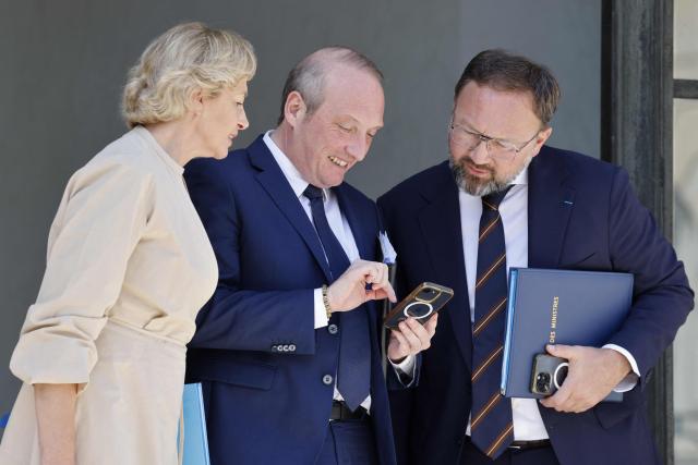France's Delegate Minister for Tourism Economy Nathalie Delattre (L), France's Minister of Public Action, Civil Service and Simplification Laurent Marcangeli and France's Delegate Minister for Relations with Parliament Patrick Mignola leave after the weekly cabinet meeting at the Elysee palace in Paris, on July 2, 2025. (Photo by Ludovic MARIN / AFP)