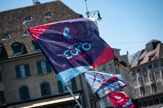 Flags of the UEFA European Women's Championship fly on a bridge in Basel on July 2, 2025. (Photo by Miguel MEDINA / AFP)