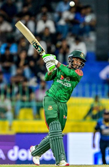 Bangladesh's Tanzid Hasan plays a shot during the first one-day international (ODI) cricket match between Sri Lanka and Bangladesh at the R. Premadasa International Cricket Stadium in Colombo on July 2, 2025. (Photo by Ishara S. KODIKARA / AFP)