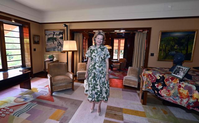 Queen Mathilde of Belgium poses during a royal visit at the "Museum & Gardens van Buuren" in Uccle, an Art Deco museum on July 2, 2025. To mark its 50th anniversary and the 100th anniversary of the birth of the Art Deco movement, the museum is hosting an exhibition entitled "Around Art Deco," dedicated to interwar sculpture. (Photo by ERIC LALMAND / Belga / AFP) / Belgium OUT