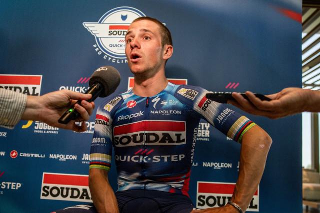 Soudal Quick-Step's Belgian rider Remco Evenepoel speeks during a press conference ahead of the 2025 Tour de France cycling race, in Kruisen, western Belgium on July 2, 2025. The 112th edition of the Tour de France starts on July 5, 2025 in Lille, northern France, and will finish in Paris on July 27. (Photo by DAVID PINTENS / Belga / AFP) / Belgium OUT