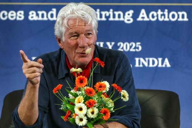 US actor Richard Gere addresses a gathering during the International Tibet Youth Forum in Dharamsala on July 3, 2025. (Photo by Niharika KULKARNI / AFP)