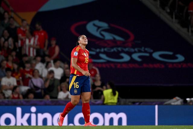 Spain's forward #16 Cristina Martin-Prieto celebrates after scoring the fifth goal for the team during the UEFA Women's Euro 2025 Group B football match between Spain and Portugal at the Wankdorf stadium in Bern, on July 3, 2025. (Photo by Miguel MEDINA / AFP)