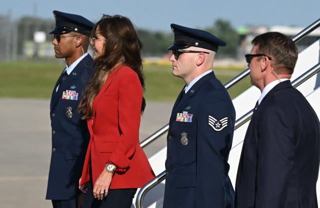 US Secretary of Homeland Security Kristi Noem steps off Air Force One as she arrives with US President Donald Trump at Des Moines International Airport, Iowa on July 3, 2025. Trump is in Iowa to participate in the Salute to America Celebration. (Photo by ANDREW CABALLERO-REYNOLDS / AFP)