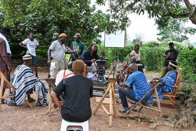 A general view of the film set of "Le Testament", directed by Burkina's Adama Rouamba, in a village near Agboville on June 27, 2025. In the shadow of Nigeria's towering Nollywood and its prolific productions, Ivory Coast has been striving to establish itself as an attractive destination for filmmaking on the African continent. (Photo by Issouf SANOGO / AFP)