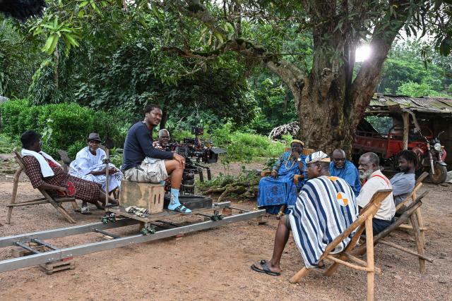 A general view of the film set of "Le Testament", directed by Burkina's Adama Rouamba, in a village near Agboville on June 27, 2025. In the shadow of Nigeria's towering Nollywood and its prolific productions, Ivory Coast has been striving to establish itself as an attractive destination for filmmaking on the African continent. (Photo by Issouf SANOGO / AFP)