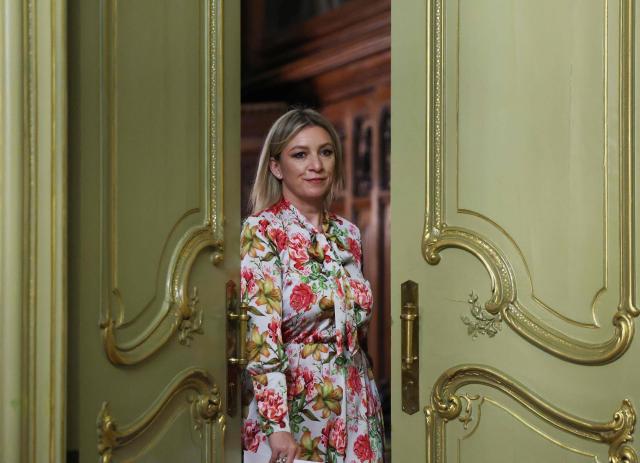 Spokeswoman of Russia's Foreign Ministry Maria Zakharova arrives for a joint press conference of Russia's Foreign Minister and Saudi Arabia's Foreign Minister following their meeting in Moscow on July 4, 2025. (Photo by Evgenia Novozhenina / POOL / AFP)