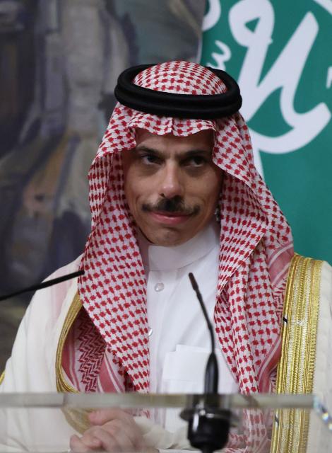Saudi Arabia's Foreign Minister Prince Faisal bin Farhan Al Saud attends a joint press conference with Russia's Foreign Minister following their meeting in Moscow on July 4, 2025. (Photo by Evgenia Novozhenina / POOL / AFP)