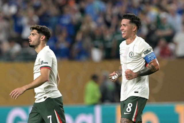 Chelsea's Argentinian midfielder #08 Enzo Fernandez celebrates after Palmeiras' own goal during the FIFA Club World Cup 2025 quarterfinal football match between Brazil's Palmeiras and England's Chelsea at the Lincoln Financial Field Stadium in Philadelphia on July 4, 2025. (Photo by JUAN MABROMATA / AFP)