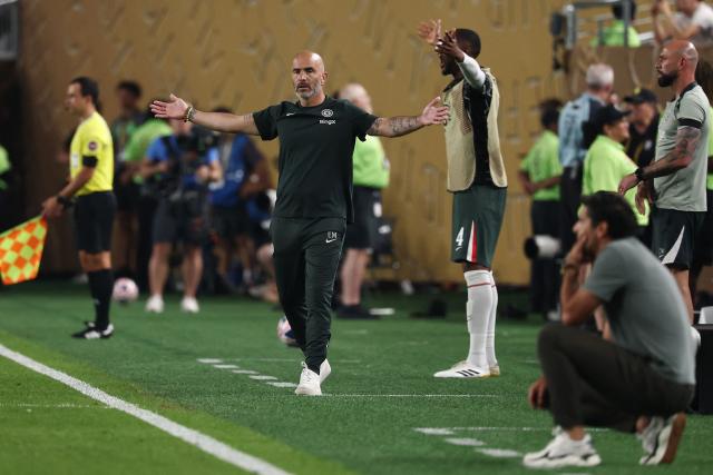 Chelsea's Italian head coach Enzo Maresca gestures during the FIFA Club World Cup 2025 quarterfinal football match between Brazil's Palmeiras and England's Chelsea at the Lincoln Financial Field Stadium in Philadelphia on July 4, 2025. (Photo by FRANCK FIFE / AFP)