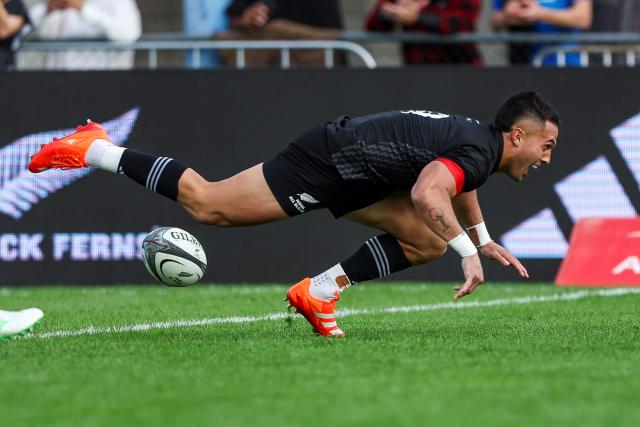 New Zealand Maori's Sam Nock scores a try during their rugby match between New Zealand Maori and Scotland at Semenoff Stadium in Whangarei on July 5, 2025. (Photo by DJ Mills / AFP)