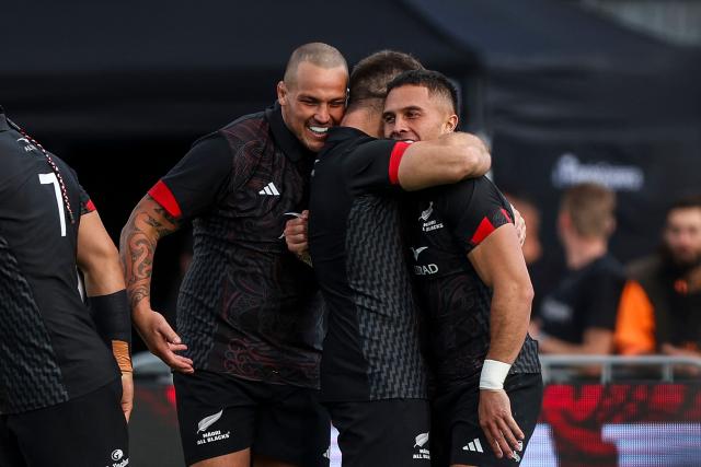 New Zealand Maori's players celebrate a try during their rugby match between New Zealand Maori and Scotland at Semenoff Stadium in Whangarei on July 5, 2025. (Photo by DJ Mills / AFP)