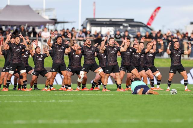 TOPSHOT - New Zealand Maori's perform the haka during their rugby match between New Zealand Maori and Scotland at Semenoff Stadium in Whangarei on July 5, 2025. (Photo by DJ Mills / AFP)