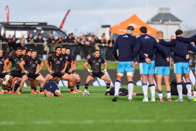 New Zealand Maori's perform the haka during their rugby match between New Zealand Maori and Scotland at Semenoff Stadium in Whangarei on July 5, 2025. (Photo by DJ Mills / AFP)
