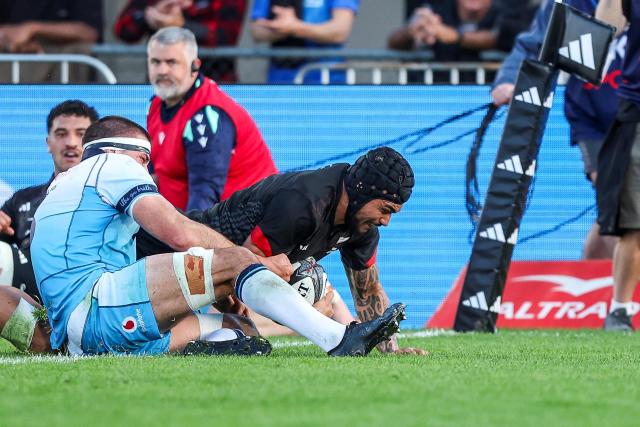 New Zealand Maori's Isaia Walker-Leawere scores a try during their rugby match between New Zealand Maori and Scotland at Semenoff Stadium in Whangarei on July 5, 2025. (Photo by DJ Mills / AFP)