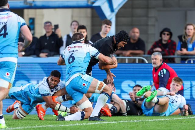 New Zealand Maori's Sam Nock scores a try during their rugby match between New Zealand Maori and Scotland at Semenoff Stadium in Whangarei on July 5, 2025. (Photo by DJ Mills / AFP)