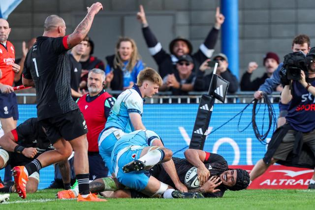 New Zealand Maori's Isaia Walker-Leawere scores a try during their rugby match between New Zealand Maori and Scotland at Semenoff Stadium in Whangarei on July 5, 2025. (Photo by DJ Mills / AFP)