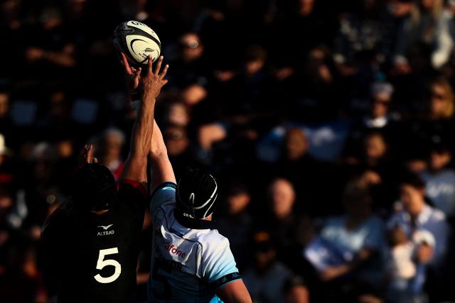 New Zealand Maori's Isaia Walker-Leawere (L) and Scotland's Cameron Henderson (R) challenge for the ball in a lineout during their rugby match between New Zealand Maori and Scotland at Semenoff Stadium in Whangarei on July 5, 2025. (Photo by DJ Mills / AFP)
