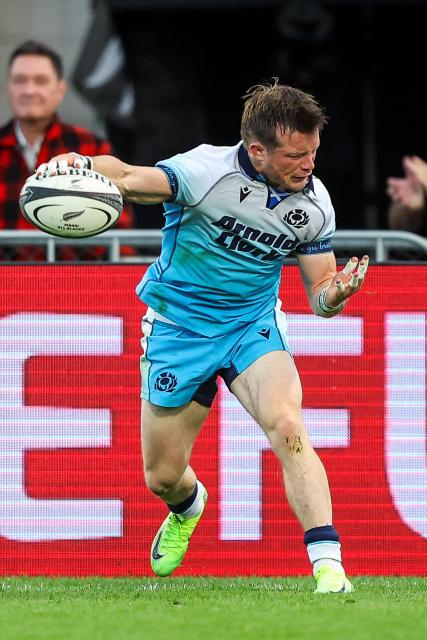 Scotlands George Horne celebrates his try during their rugby match between New Zealand Maori and Scotland at Semenoff Stadium in Whangarei on July 5, 2025. (Photo by DJ Mills / AFP)