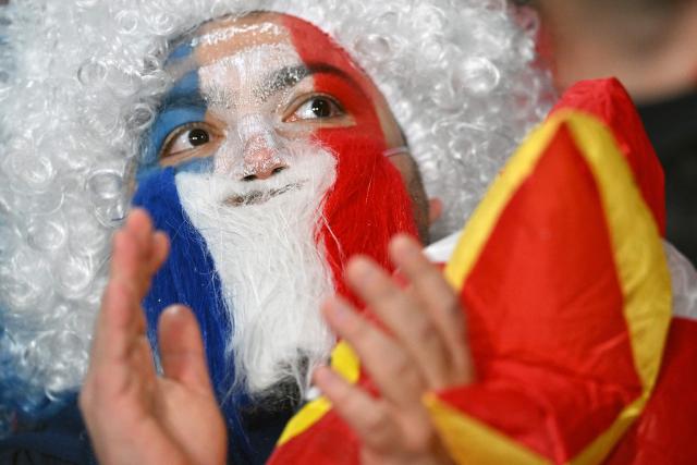A France fan shows his support before the start of the first international rugby Test match between New Zealand and France at Forsyth Barr Stadium in Dunedin on July 5, 2025. (Photo by Sanka Vidanagama / AFP)