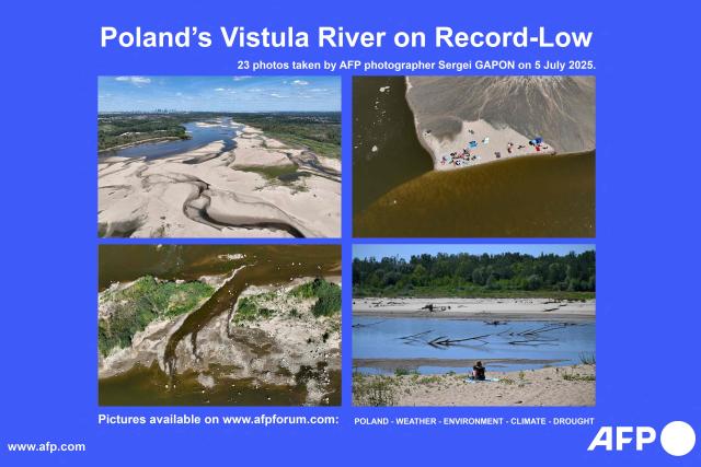 AFP presents a reportage of 23 photos taken by photographer Sergei GAPON on July 5, 2025 of Poland’s longest river, the Vistula, after it hit a record-low water level on July 4 in Warsaw, as the country faces an unprecedented drought, according to the national weather agency. The record comes a day after temperatures in Warsaw reached 36 degrees Celsius (97 degrees Fahrenheit), as part of a heatwave that has swept Europe.

Search for all these reportage images using: POLAND - WEATHER – ENVIRONMENT – CLIMATE – DROUGHT
Search "REPORTAGE" to source all feature, magazine and photo essays. (Photo by Sergei GAPON / AFP)