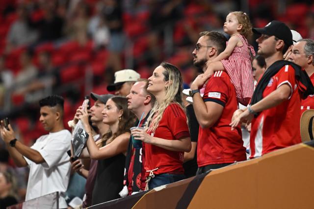 Fans of Bayern Munich await the start of the game ahead of the FIFA Club World Cup 2025 quarterfinal football match between France's Paris Saint-Germain and Germany's Bayern Munich at the Mercedes-Benz Stadium in Atlanta on July 5, 2025. (Photo by Paul ELLIS / AFP)