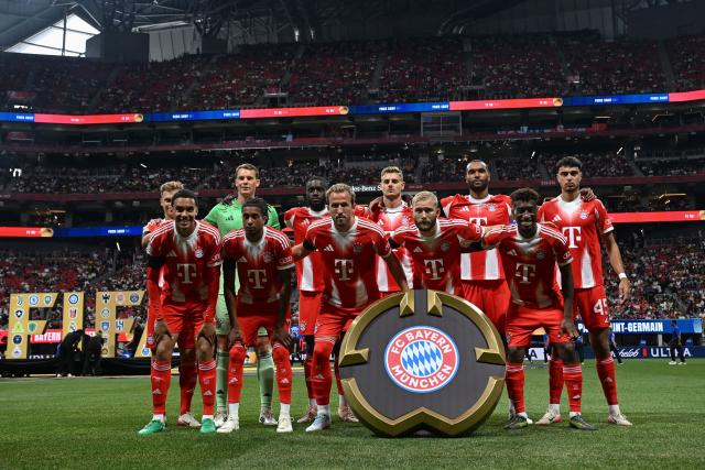 Bayern Munich's players pose for a team photo ahead of the FIFA Club World Cup 2025 quarterfinal football match between France's Paris Saint-Germain and Germany's Bayern Munich at the Mercedes-Benz Stadium in Atlanta on July 5, 2025. (Photo by Paul ELLIS / AFP)