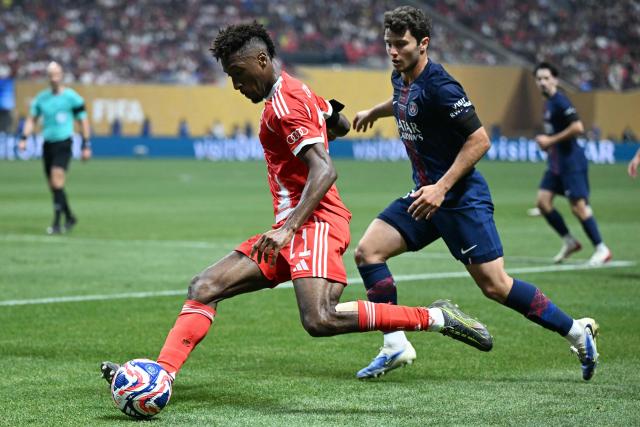Bayern Munich's French forward #11 Kingsley Coman and Paris Saint-Germain's Portuguese midfielder #87 Joao Pedro Goncalves Neves fight for the ball during the FIFA Club World Cup 2025 quarterfinal football match between France's Paris Saint-Germain and Germany's Bayern Munich at the Mercedes-Benz Stadium in Atlanta on July 5, 2025. (Photo by PATRICIA DE MELO MOREIRA / AFP)