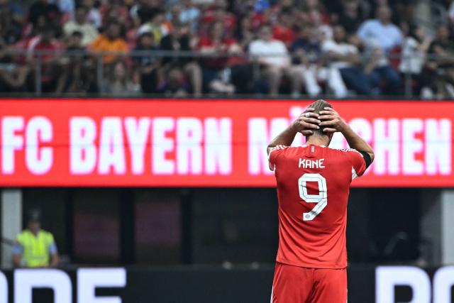 Bayern Munich's English forward #09 Harry Kane reacts during the FIFA Club World Cup 2025 quarterfinal football match between France's Paris Saint-Germain and Germany's Bayern Munich at the Mercedes-Benz Stadium in Atlanta on July 5, 2025. (Photo by PATRICIA DE MELO MOREIRA / AFP)